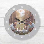 Grande Horloge Ronde Photo personnalisée et nom de famille Personnalisé<br><div class="desc">Créez une horloge murale ronde ou carré spéciale personnalisée avec votre photo et votre monogramme de nom de famille. Le design comprend des polices modernes simples en noir et blanc, ou utilisez les outils de conception pour choisir des polices et des couleurs correspondant à votre propre style de décoration maison....</div>