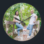 Grande Horloge Ronde Photo personnalisée nom lettres blanches<br><div class="desc">Photo personnalisée nom personnalisé lettres blanches et chiffres rétro police mural horloge. Un joli cadeau personnalisé pour tout le monde.</div>