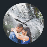 Grande Horloge Ronde Photo personnalisée nom personnalisé lettres blanc<br><div class="desc">Photo personnalisée nom personnalisé lettres blanches et chiffres rétro police mural horloge. Un beau cadeau personnalisé pour un couple,  pour mariage,  fiançailles,  chauffage ou autre occasion.</div>