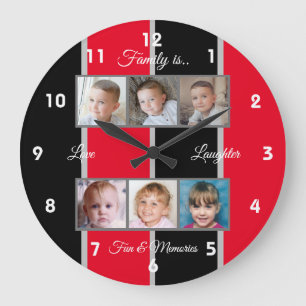Grande Horloge Ronde Photos de famille en rouge et noir
