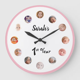 Grande Horloge Ronde Photos de la première année de Bébé Fille, 12 mois