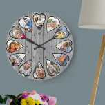 Grande Horloge Ronde Photos en forme de coeur Bois gris rustique Grande<br><div class="desc">Créez votre propre horloge multiphoto. Le modèle photo est configuré pour ajouter 12 photos qui sont affichées dans un cadre en forme de coeur. La conception utilise des photos verticales de portrait pour tous les numéros sauf 3 et 9 qui sont en format horizontal paysage. La face de l'horloge a...</div>