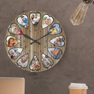 Grande Horloge Ronde Photos en forme de cœur en bois marron moderne
