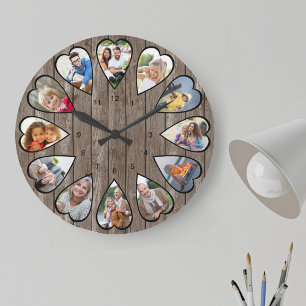 Grande Horloge Ronde Photos en forme de coeur Rustique Bois foncé Grand