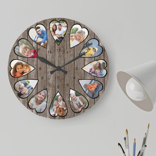 Grande Horloge Ronde Photos en forme de coeur Rustique Bois foncé Grand