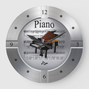 Grande Horloge Ronde Piano~Feuille musicale~Couleur d'argent brossée~U