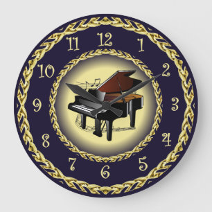 Grande Horloge Ronde Piano ~ Parchemin Musical ~ Or/Bleu Marine ~ ~