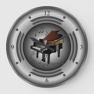 Grande Horloge Ronde Piano ~ Scroll musical ~ Haut-parleur en argent ~