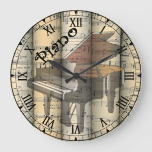 Grande Horloge Ronde Piano transparent ~ Musique Vintage feuille roulée