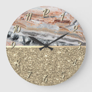 Grande Horloge Ronde Pierre de marbre élégante et chic dorée scintillan