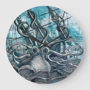 Grande Horloge Ronde Pieuvre géante Mer Bleue Monstre Voilier