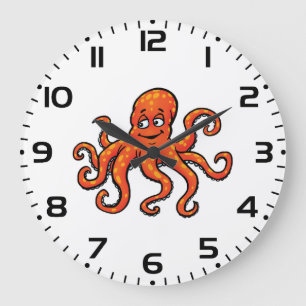 Grande Horloge Ronde Pieuvre orange dessin animé océan créature marine