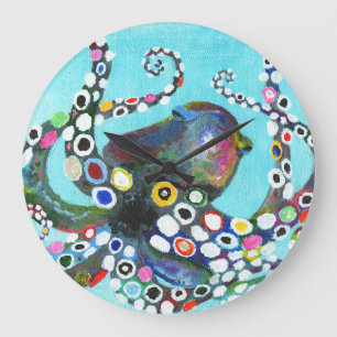 Grande Horloge Ronde Pieuvre vibrante : Illustration acrylique