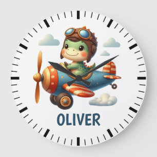 Grande Horloge Ronde Pilote mignon Trex dinosaure pilotant un avion ble