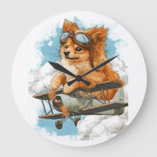 Grande Horloge Ronde Pilote Poméranien � Chien As Volant