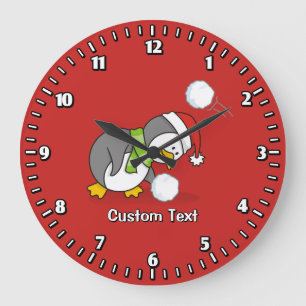 Grande Horloge Ronde Pingouin de Noël avec boule de neige