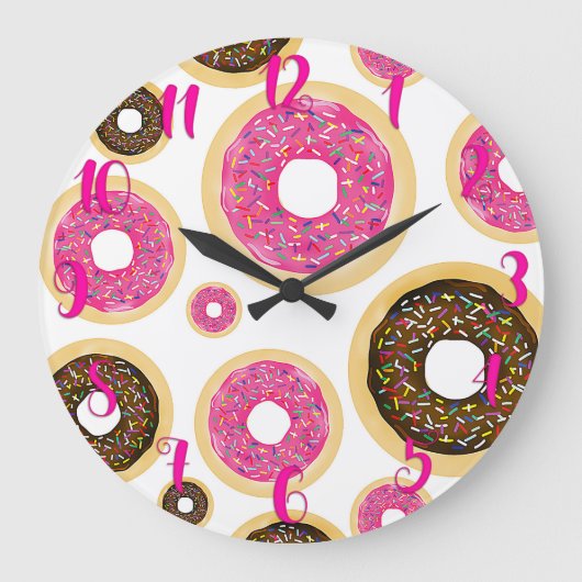 Grande Horloge Ronde Pink & Brown Sprinkts Donuts Moderne Fun Cute (Recto)