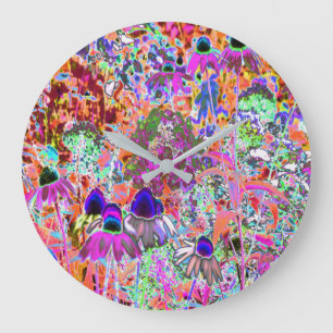 Grande Horloge Ronde Pink chaud psychédélique et fleurs de jardin vert