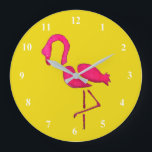Grande Horloge Ronde Pink flamingo pop art unique<br><div class="desc">Art pop d'une aquarelle dessinée à la main illustration flamingo rose dans des couleurs folles rose bonbon et jaune moutarde. Cette conception folle est unique parce que tout comme un flamant,  vous êtes unique.</div>