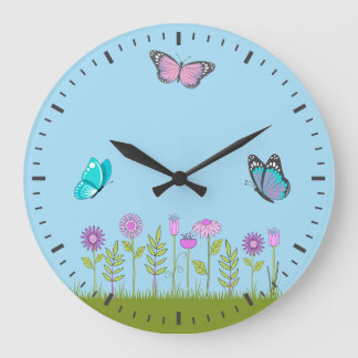 Grande Horloge Ronde Pink Flowers and Butterfly All-Over Print