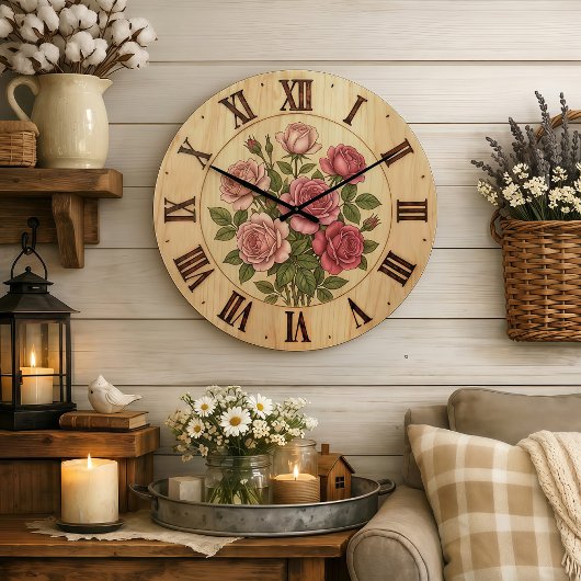 Grande Horloge Ronde Pink Garden Flowers Wall Clock