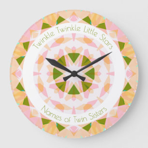 Grande Horloge Ronde Pink Green Twinkle Little Star Baby Nursery Twins