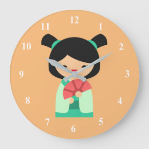 Grande Horloge Ronde Pink Kokeshi poupées japonaises