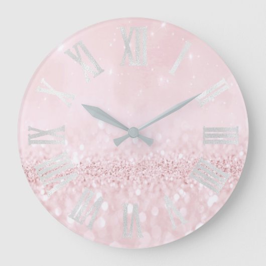 Grande Horloge Ronde Pink Pastel Girly Parties scintillant Gris chiffre (Recto)
