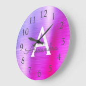 Grande Horloge Ronde Pink Purple Metallic Monogram Nom & Initiation (Angle)