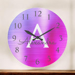 Grande Horloge Ronde Pink Purple Metallic Monogram Nom & Initiation<br><div class="desc">Pink and Purple ombre Pastel faux métallc monogram name and Initial Serving Wall Clock. The Wall Clock makes the perfect gift for someone who loves pink and purple stainless steel.</div>