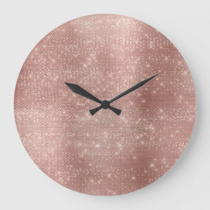 Grande Horloge Ronde Pink Rose Gold Faux Brush Metallic Diamond Sparkly