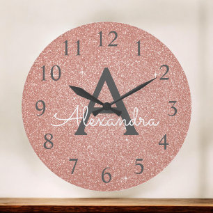 Grande Horloge Ronde Pink Rose Gold Sparkle Glitter Monogram Name