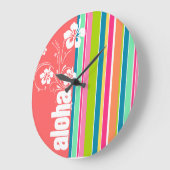 Grande Horloge Ronde Pink saumon & Seafoam Vert rayé : Aloha (Angle)
