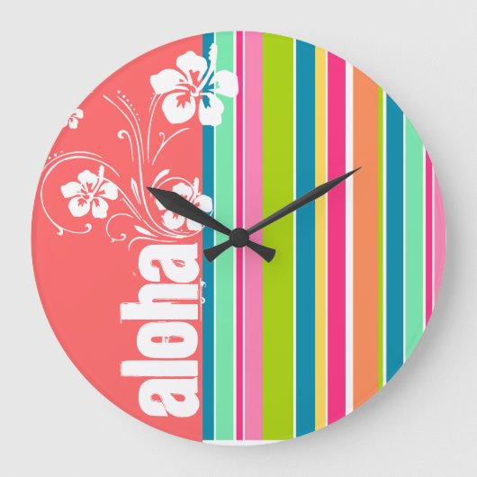 Grande Horloge Ronde Pink saumon & Seafoam Vert rayé : Aloha (Recto)