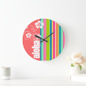 Grande Horloge Ronde Pink saumon & Seafoam Vert rayé : Aloha (Maison)