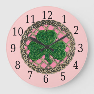 Grande Horloge Ronde Pink shamrock and celtic knots Round clock