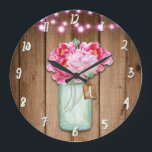 Grande Horloge Ronde Pink String Lights & Mason Jar Flowers Rustic Wood<br><div class="desc">Customize with any text if desired</div>