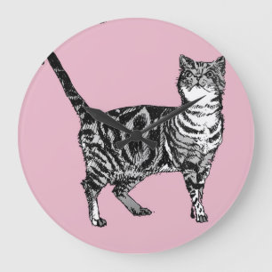 Grande Horloge Ronde Pink Tabby Cat Watercolor Painting Art Wall Clock