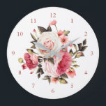 Grande Horloge Ronde Pink Vintage Rose Bouquet<br><div class="desc">Glorious profusion of pink and white roses and posies with hunter green foliage. Font and color used on numbers is editable.</div>