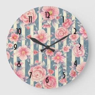 Grande Horloge Ronde Pink Watercolor Flowers on Striped Pattern Large C