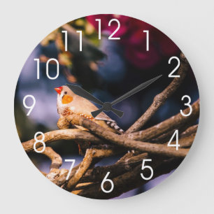 Grande Horloge Ronde Pinson de zèbre mignon sur des brindilles
