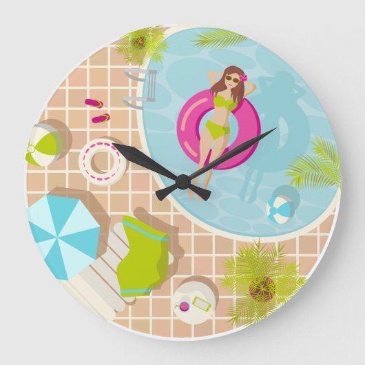 Grande Horloge Ronde Piscine fille en bikini plage d'été  (Recto)