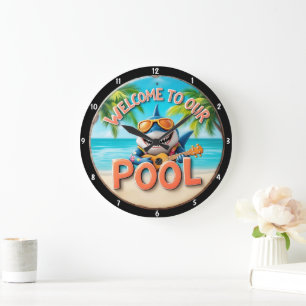 Grande Horloge Ronde Piscine tropicale Requin Jouer Guitare Vibes de va