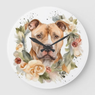 Grande Horloge Ronde Pitbull Christmas Wreath Festive Pup