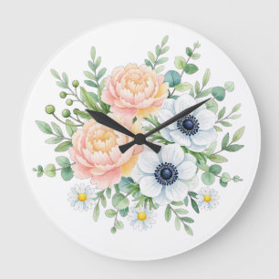 Grande Horloge Ronde Pivoine à l'aquarelle élégante et fleurs d'anémone