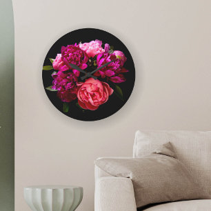 Grande Horloge Ronde Pivoines roses et violettes dramatiques