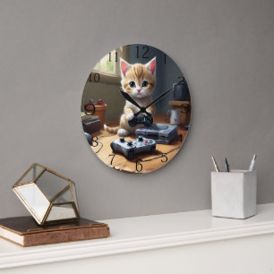 Grande Horloge Ronde "Pixel Paws : The Gamer Kitten in Action"
