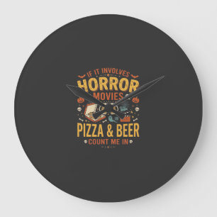 Grande Horloge Ronde Pizza Bière Films d'Horreur Design Halloween_1