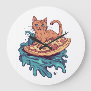 Grande Horloge Ronde Pizza Surf Cat � Aventure de chat gourmand extrême