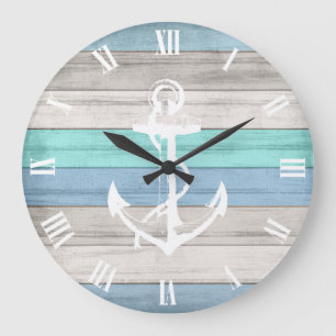 Grande Horloge Ronde Plage Bleue & Blanc Bois Bandes et Ancres nautique